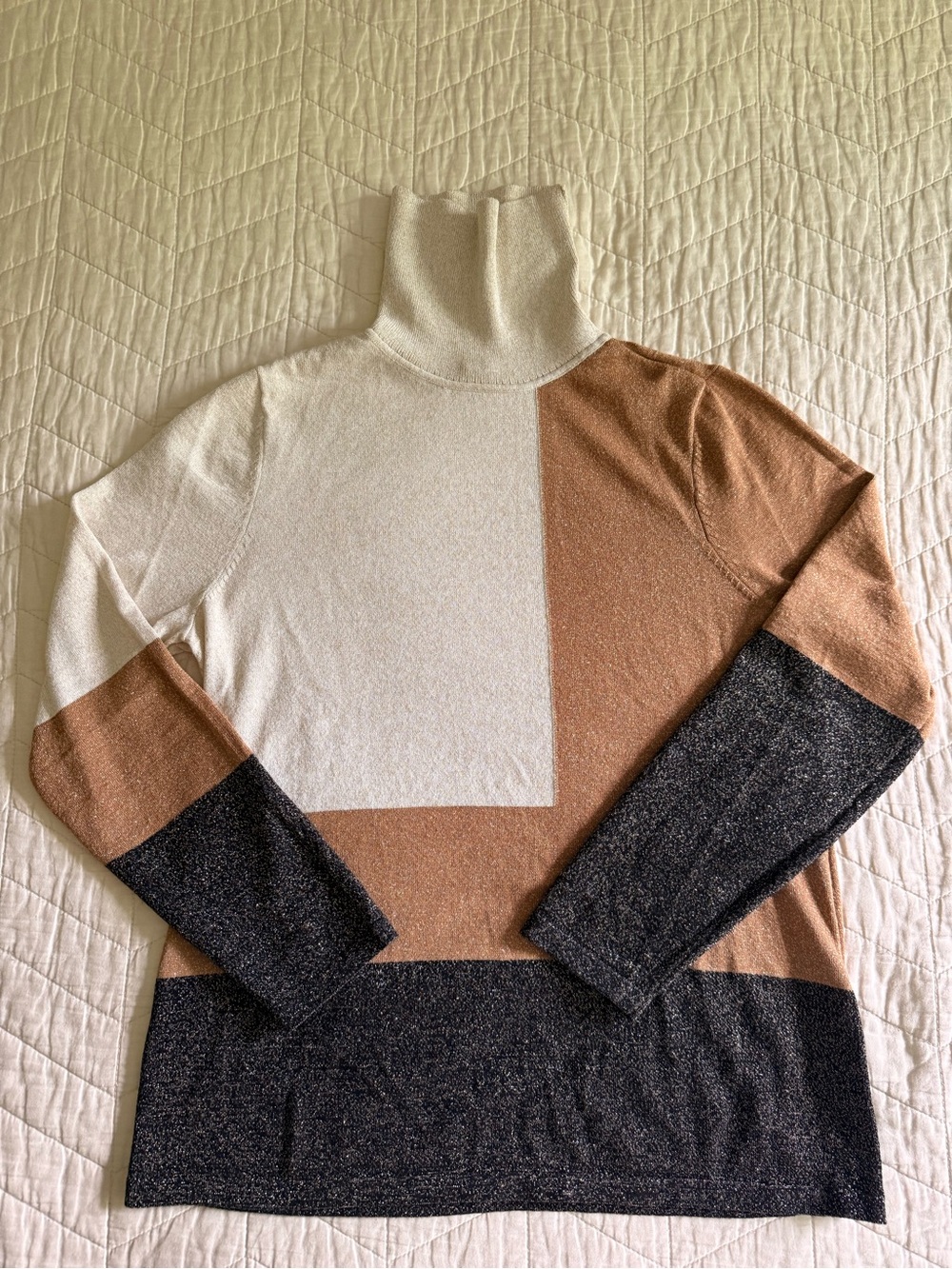 Chico's Colorblock Turtleneck Sweater in Cream, Tan & Black